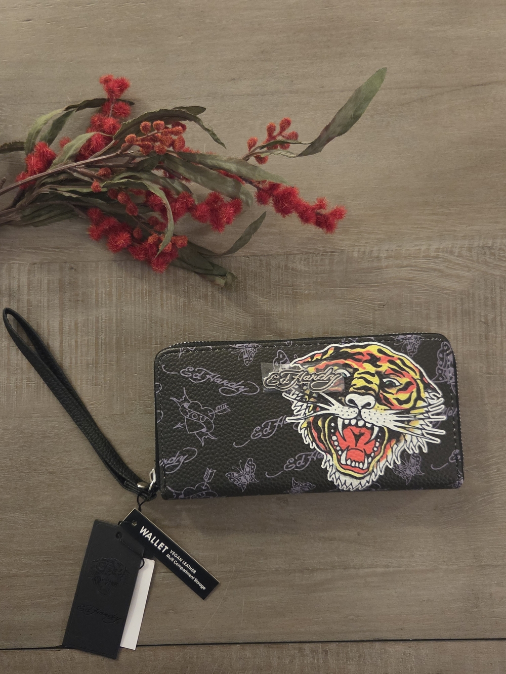 Ed Hardy Black Tiger w/ Signature Logo Zip-Around Wristlet Wallet